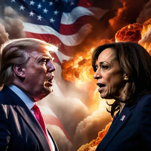 Prompt: Kamala Harris and Donald Trump fight each other on a cliff above Hell. Clouds of Heaven glow with holy light above while the fiery pits of Hell glow eerily below. Ghostly American flags drift through the air, tattered.