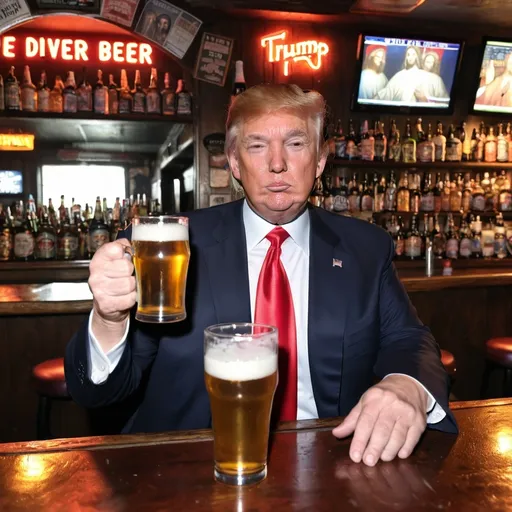 Prompt: Donald Trump has beer with Jesus christ in dive bar