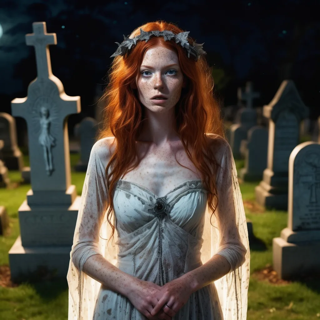 Prompt: She is a slender young woman with wild red hair and lots of freckles all over her body. She is in a cemetery at midnight, casting a spell that is bringing the dead out of their graves. She is dressed in exotic, semi-transparent ceremonial garb. Ectoplasmic energy swirls around her as the dead rise, exuding an aura of eerie mystique.