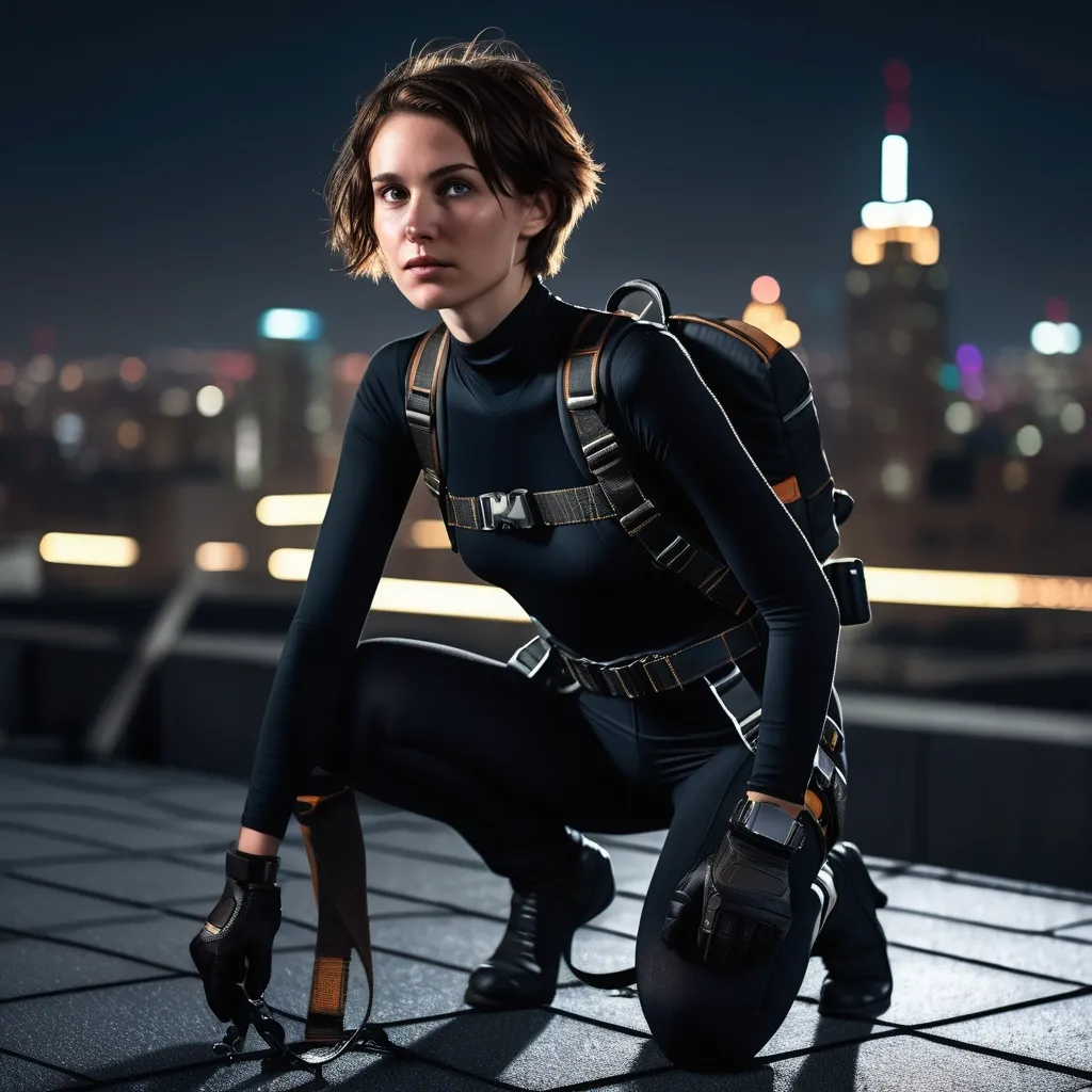 Prompt: A slender young woman with short brown hair and high cheekbones crouches on a rooftop at night, wearing a black body suit, utility belt with thief tools, and a climbing harness. Detailed textures on her suit and harness, with subtle glow on her utility belt. City lights shining in the background. High contrast, cinematic lighting, 8k resolution, highly detailed, atmospheric, mystical, high-tech gadgetry, intricate details. She is a notorious sneak thief and daughter of the Pink Panther.