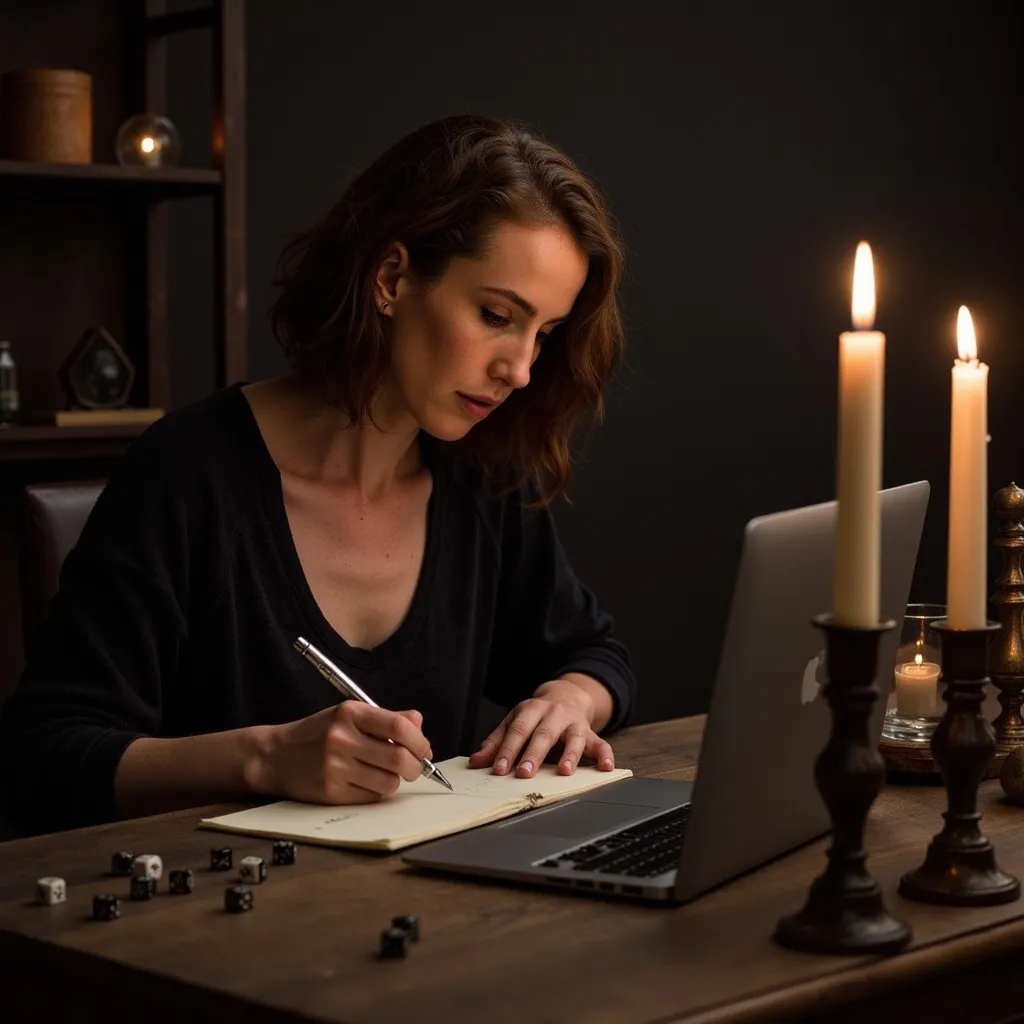 Prompt: Valeska is writing notes on a legal pad while an open laptop computer stands nearby on the desk. She is in a darkened arcane study with candles providing the only llight. Several dice are scattered across the desk.