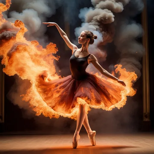 Prompt: She is a ballerina dancing on a stage that is on fire, in a theatre that is burning to the ground. The entire image is full of fire and smoke. She dances, unconcerned, leaping through fire across the stage.