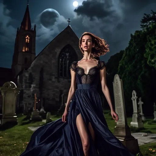 Prompt: <mymodel> young woman, in a high slit evening gown with a lace front and a collar, waltzes with werewolf in a churchyard under the full moon and storm clouds.