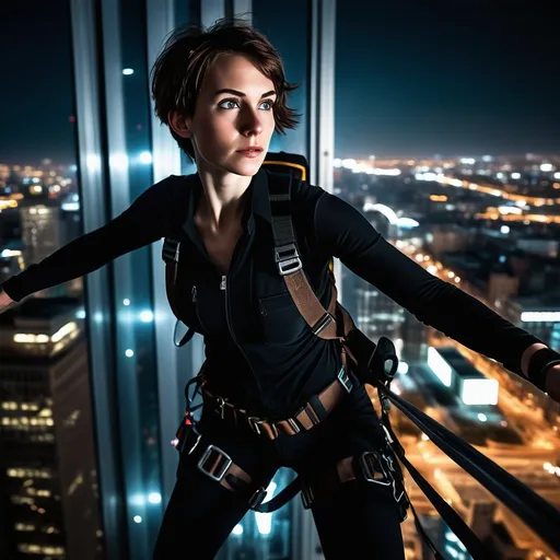 Prompt: A slender young woman with short brown hair and high cheekbonesis climbing a skyscraper at night, wearing a black body suit, utility belt with thief tools, and a climbing harness. She is a notorious sneak thief. Action packed. Detailed textures on her suit and harness, with subtle glow on her utility belt. City lights shining in the background. High contrast, cinematic lighting, 8k resolution, highly detailed, atmospheric, mystical, high-tech gadgetry, intricate details