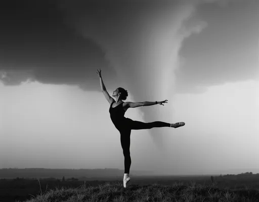 Prompt: black and white, ballet dancer in a leotard and pointe shoes is dancing in the middle of a tornado.