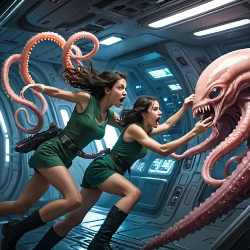 Prompt: young women fighting alien tentacles on spaceship