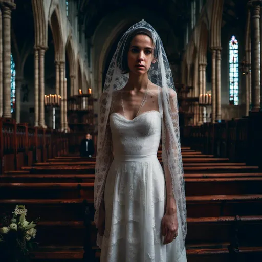 Prompt: <mymodel>woman in a veil and a  blood-spattered wedding gown stands in a darkened gothic church with a demonic priest. Dark and mysterious atmosphere.