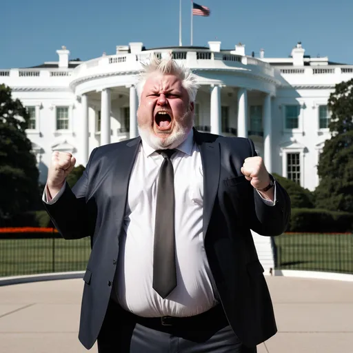 Prompt: A bearded fat man with messy white hair, in a disshelved suit, is standing outside the White House, shaking his fists at the sky and screaming angrily.