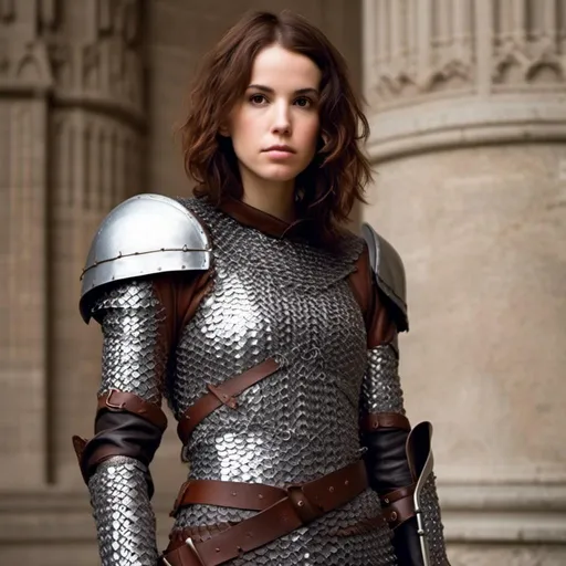 Prompt: <mymodel> young woman wears chain mail armor, leather gloves, and flatheeled thigh high leather boots. She has a dagger strapped to her waist and a broadsword strapped to her back.