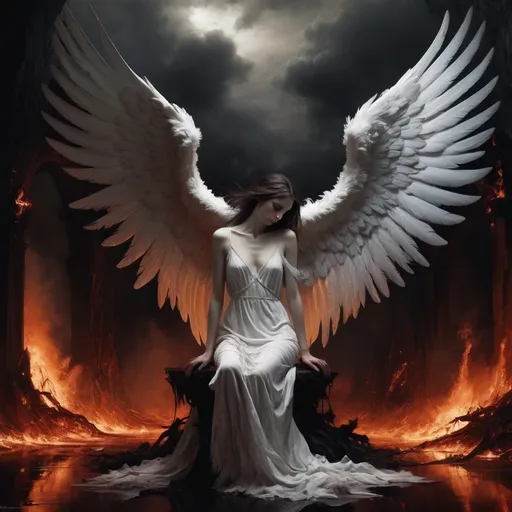 Prompt: (misc-macabre style), a thin young female angel with (gigantic white feathery wings), embracing one of the damned in (Hell), dark color scheme with deep shadows, eerie ambiance, dramatic contrasts, high detail, a surreal landscape of fiery backgrounds and tortured souls, captivating emotions of despair and compassion, ultra-detailed, inviting melancholic reflections.