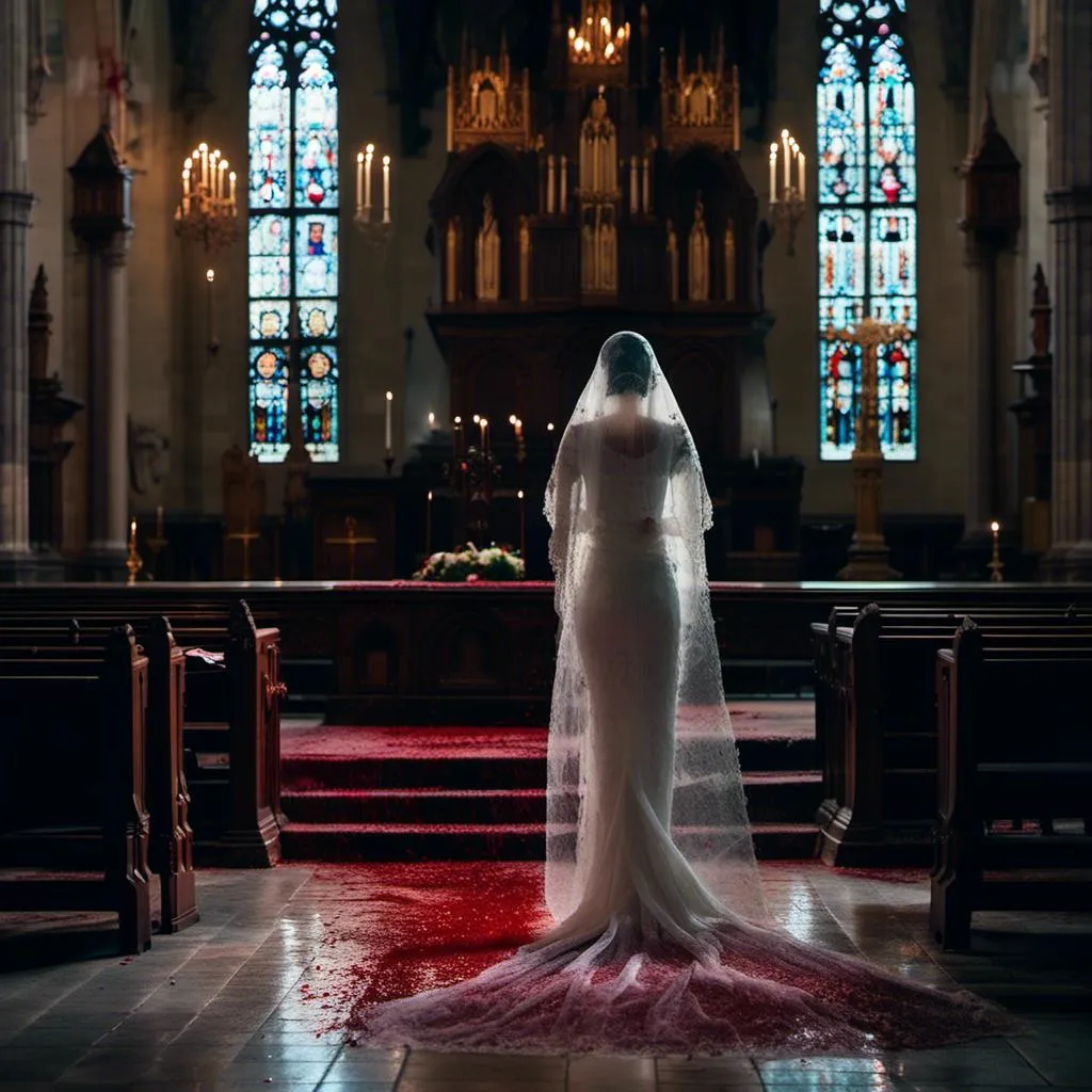 Prompt: <mymodel>woman in a veil and a  blood-spattered wedding gown stands in a darkened gothic church with a demonic priest. Dark and mysterious atmosphere.