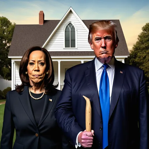 Prompt: American Gothic but its Donald Trump and Kamala Harris