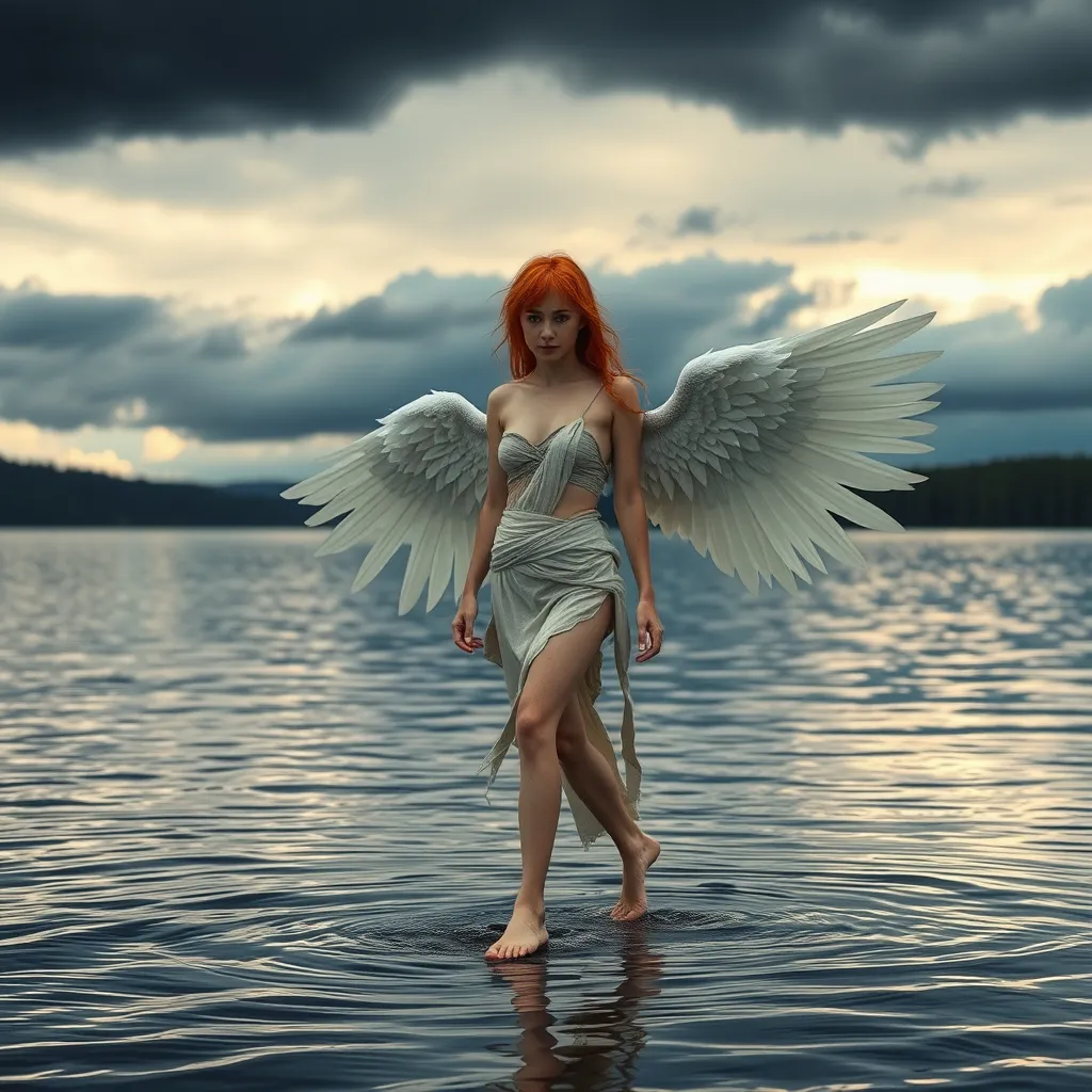 Prompt: She is a slender young woman with wild red hair and lots of freckles. She is walking barefoot on the lake's surface under a stormy sky. She has large white feathery wings and is wearing scant strips of cloth.