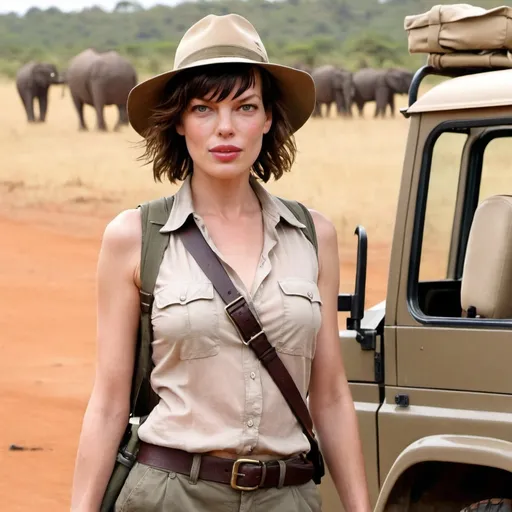 Prompt: milla jovovich on safari