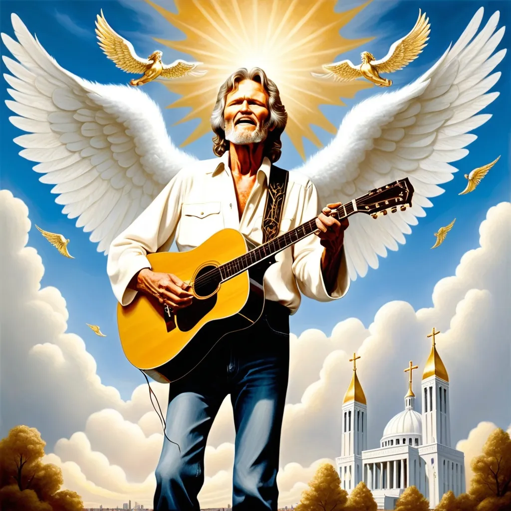 Prompt: Kris Kristofferson is playing his guitar and singing with Jesus Christ the Savior and a thin angel with big white feathery wings. Golden towers and billowing white clouds  rise in the background