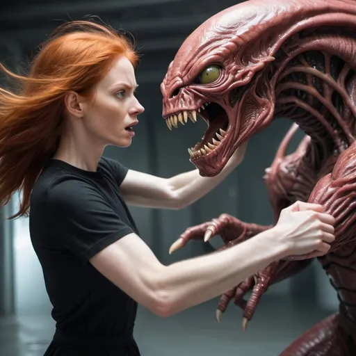 Prompt: thin redhead woman fighting alien monster