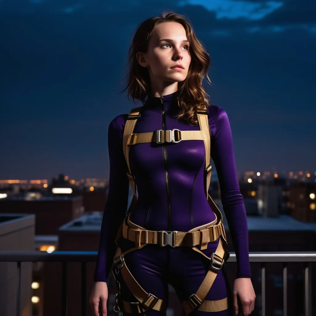 Prompt: Noir-inspired. Long shot. A slender young woman with brown hair and high cheekbones stands on a rooftop at night, wearing a black body suit, utility belt, and a climbing harness. Low-angle shot. Moody, deep blues and purples contrasting with warm golden lighting. Detailed textures on her suit and harness, with subtle glow on her utility belt. Rooftop's edge blurred, with city lights shining in the background. High contrast, cinematic lighting, 8k resolution, highly detailed, Artstation-worthy, Unreal Engine 5, dark fantasy, fantasy concept art, atmospheric, mystical, high-tech gadgetry, intricate details, trending art style.