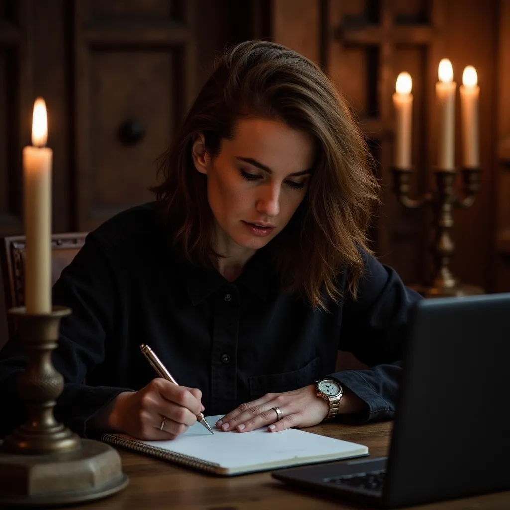 Prompt: Valeska is writing notes on a legal pad while an open laptop computer stands nearby on the desk. She is in a darkened arcane study with candles providing the only llight.