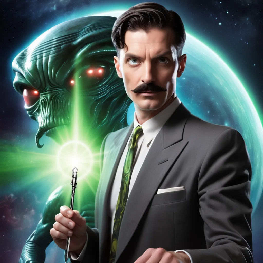 Prompt: Book cover. It's 1944. Full body image. Master Key is a slender middle-aged man with dark hair, a thin pencil mustache, high cheekbones, and a slight smirk. Master Key is staring at a space alien, magical energy flashing in his right eye. An energy beam shoots from Master Key's right eye and strikes the alien.