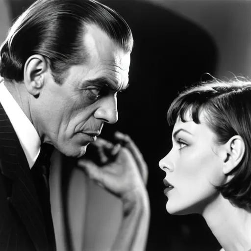 Prompt: milla jovovich nose to nose with boris karloff, in profile