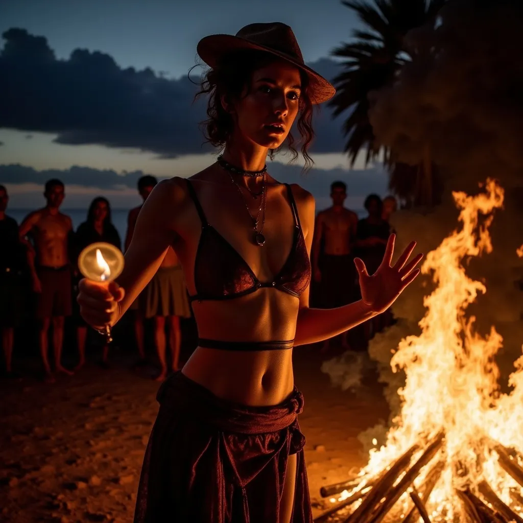 Prompt: She is voodoo priestess wearing ceremonial gear and casting a spell at night, by a raging fire.
