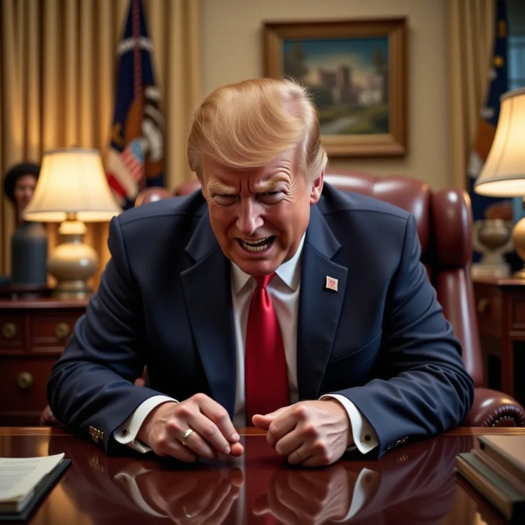Prompt: She is dressed in business attire and is with Donald Trump in the oval office. She looks irritated as Donald Trump is  screaming and his fists on the on the desk in the Oval office. He is throwing a tantrum and cries like a baby, completely lost in hysterical rage.