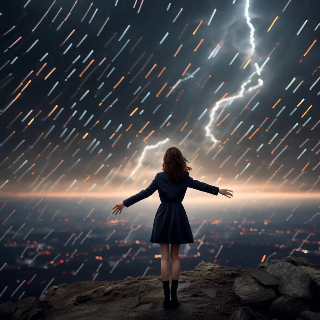 Prompt: <mymodel> is standing on the edge of oblivion, a dark chasm filled with sparkling lights. A stormy sky is overhead. She is waving goodbye to us.