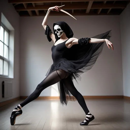 Prompt: She is wearing tights and pointe shoes and dancing with the Death the Grim Reaper.