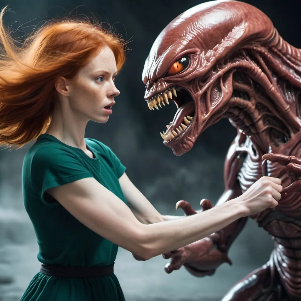 Prompt: thin redhead woman fighting alien monster