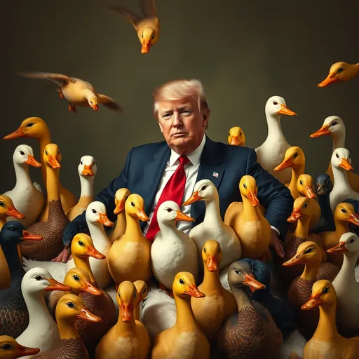 Prompt: Donald Trump is surrounded by dozens of ducks. Some are even sitting on him.