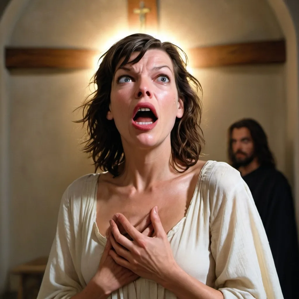 Prompt: milla jovovich staring at Jesus Christ, surprised