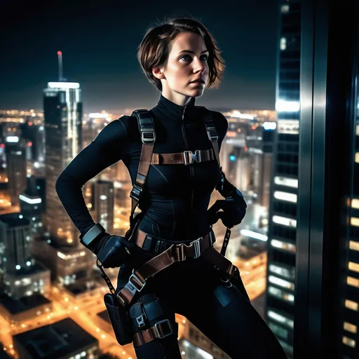 Prompt: A slender young woman with short brown hair and high cheekbonesis climbing a skyscraper at night, wearing a black body suit, utility belt with thief tools, and a climbing harness. She is a notorious sneak thief. Action packed. Detailed textures on her suit and harness, with subtle glow on her utility belt. City lights shining in the background. High contrast, cinematic lighting, 8k resolution, highly detailed, atmospheric, mystical, high-tech gadgetry, intricate details