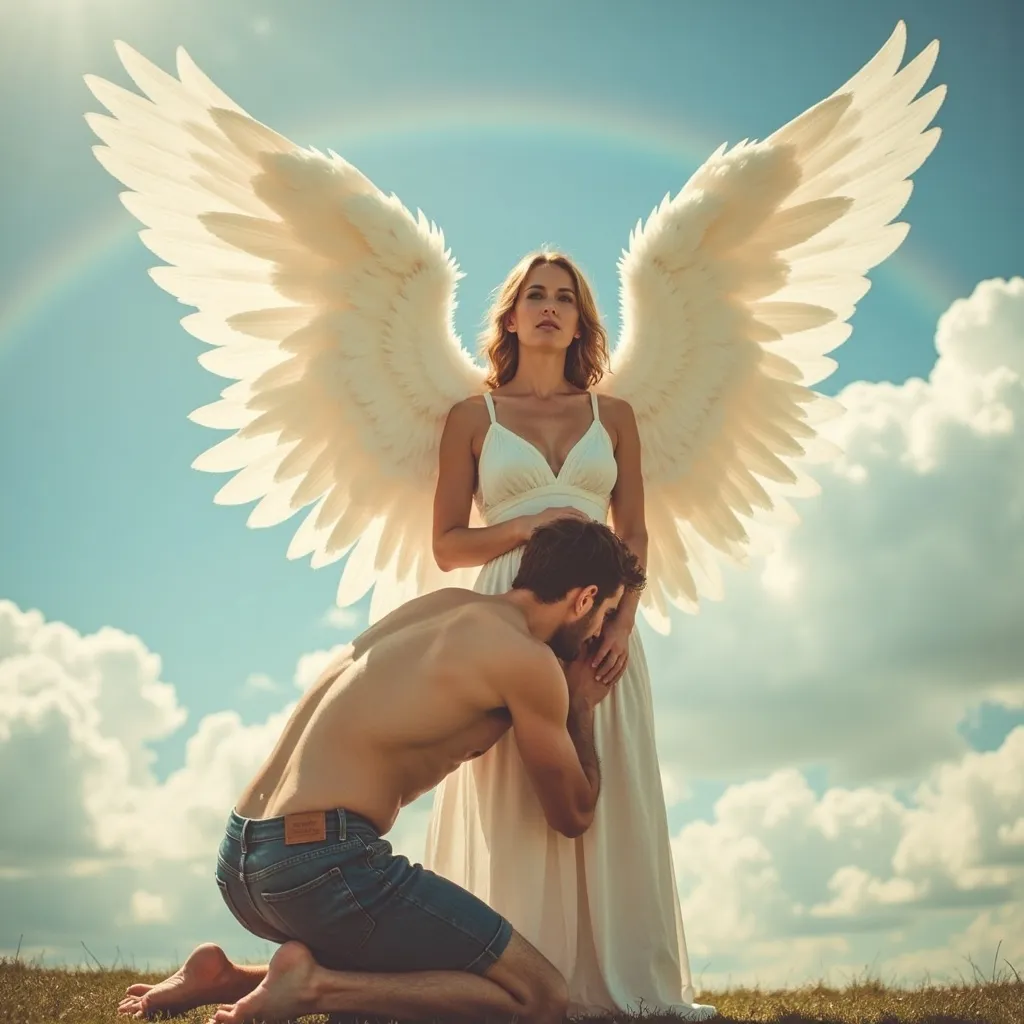 Prompt: A female angel with large feathered white wings. An athletic handsome man is on his knees in front of her, hugging her hps, his head against her stomach. His back is to the viewer, the angel is facing the viewer. Her hands are caressing his head as she looks to Heaven, gasping for air.  Full body, head to toe in a setting that's full of fluffy clouds and rainbows.
