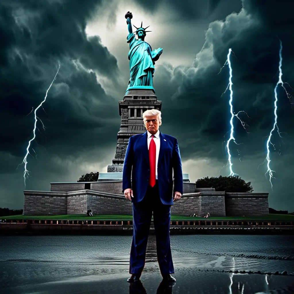 Prompt: <mymodel>(misc-macabre style), (Puddles the Evil Clown) (Donald Trump), sword fight, (Statue of Liberty) backdrop, stormy sky, dramatic lighting with lightning streaks, dark color scheme, intense atmosphere, turbulent clouds, fierce expressions, cinematic composition, high detail, (ultra-detailed), (dynamic action), dark tones of blue and grey, electric contrasts.