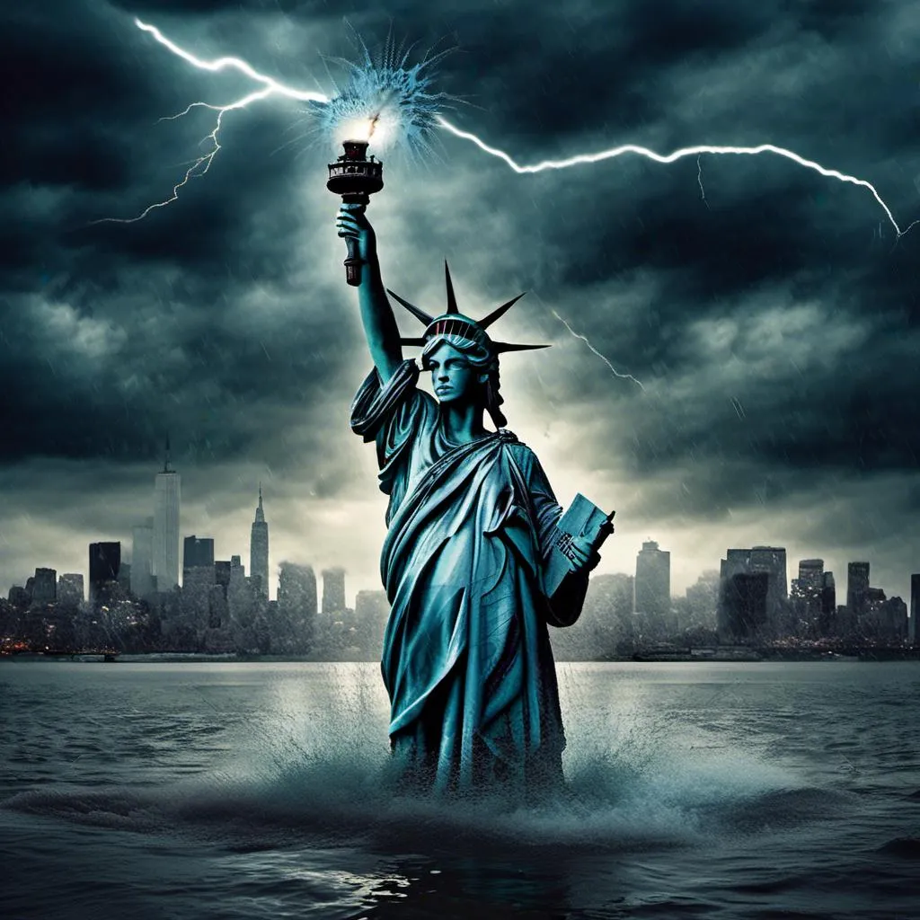 Prompt: <mymodel>(misc-macabre style), (Puddles the Evil Clown), sword fight, (Statue of Liberty) backdrop, stormy sky, dramatic lighting with lightning streaks, dark color scheme, intense atmosphere, turbulent clouds, fierce expressions, cinematic composition, high detail, (ultra-detailed), (dynamic action), dark tones of blue and grey, electric contrasts.