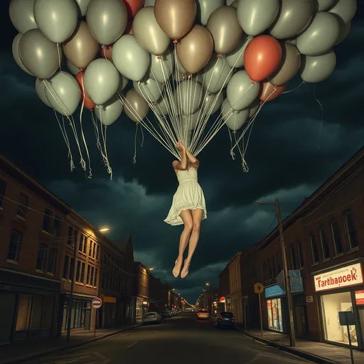 Prompt: a thin young woman in a short nightie has been hanged by the neck from a dozen or more floating balloons. She floats, limp and dead, over the deserted night streets, her head titled downward. Her head is twisted left at an unnatural angle due to her broken neck. Strings are wrapped around her neck and throat. Stormclouds roil in the sky overhead