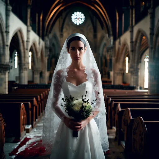 Prompt: <mymodel>woman in a veil and a white blood-spattered wedding gown stands in a darkened gothic church. Dark and mysterious atmosphere.