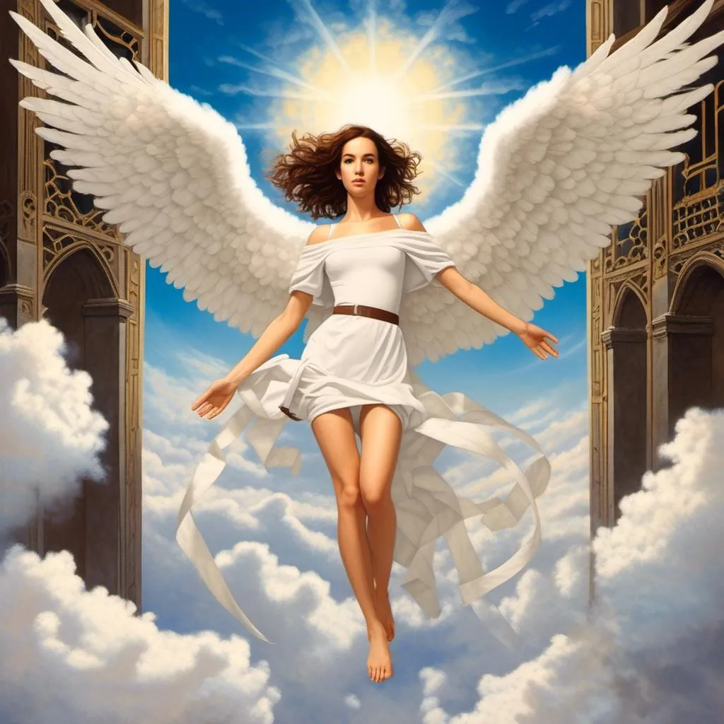 Prompt: <mymodel> (manara style) angel in a small croptop and loincloth with large white feathered wings is flying above fluffy clouds toward the shining gates of heaven and god's clocktower