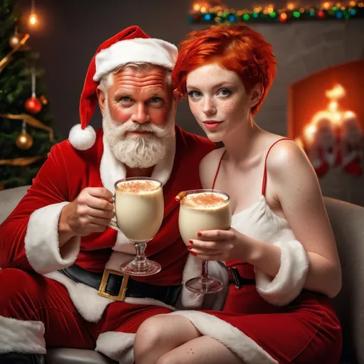 Prompt: Santa Claus is the most interesting man in the world. He is toasting the viewer with eggnog. A fit young woman with a red pixie hair and lots of freckles all over her body sits next to him.