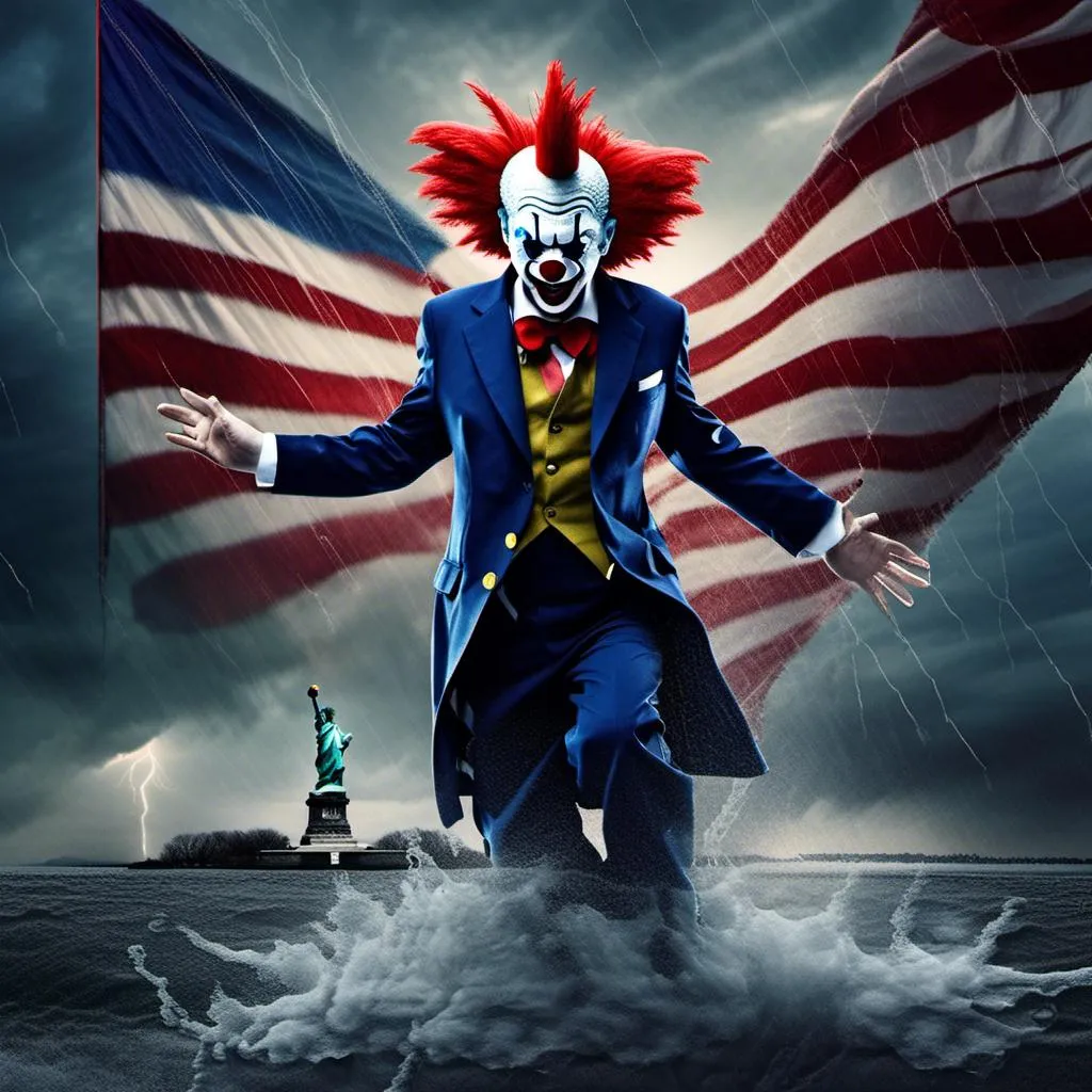 Prompt: <mymodel>(misc-macabre style), (Puddles the Evil Clown) (Donald Trump), sword fight, (Statue of Liberty) backdrop, stormy sky, dramatic lighting with lightning streaks, dark color scheme, intense atmosphere, turbulent clouds, fierce expressions, cinematic composition, high detail, (ultra-detailed), (dynamic action), dark tones of blue and grey, electric contrasts.