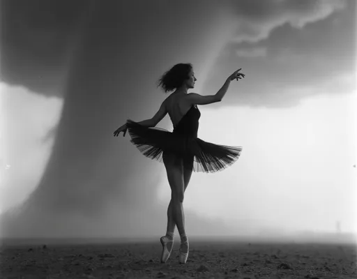 Prompt: black and white, ballet dancer in a leotard and pointe shoes is dancing in the middle of a tornado.
