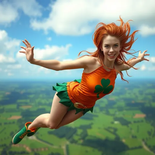 Prompt: She is a slender young woman with wild red hair and lots of freckles all over her body. She is superhero Irish Spring. She has a silhoutte of a shamrock on her chest. She is flying through the sky, high above the green valleys of Ireland.