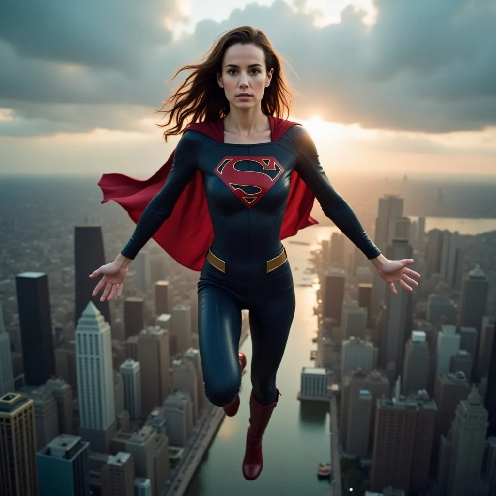 Prompt: physically fit young woman is a superhero flying above the city. Full body shot.