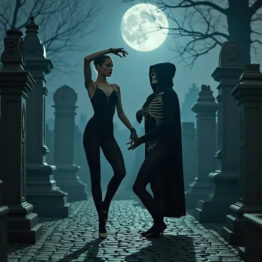 Prompt: She is wearing tights, halter top, and pointe shoes and dancing with the Death the Grim Reaper.