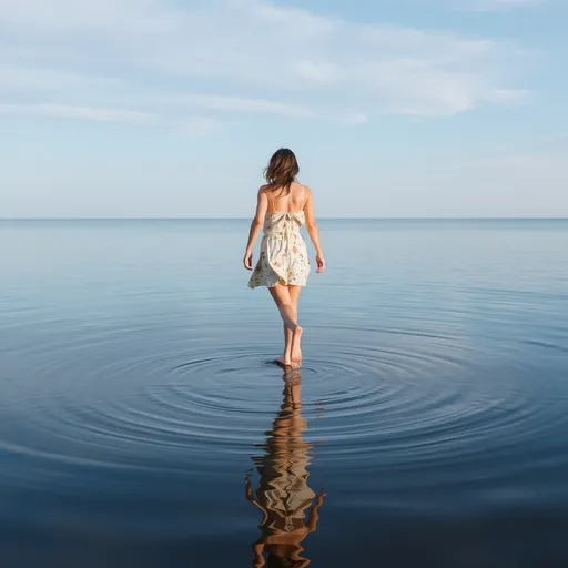 Prompt: She is walking barefoot on the surface of the lake.