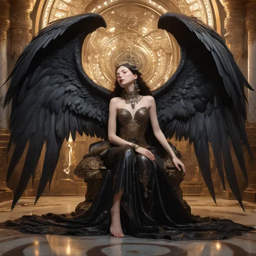 Prompt: She has been transported to a strange, exotic palace on another planet. She is only wearing large pieces of jewelry with lots of engravings and inset gems. A handsome man
 with large black wings is caressing and probing her body. Her eyes are closed and she is gasping as she tries to catch her breath. Full body, head to toe.