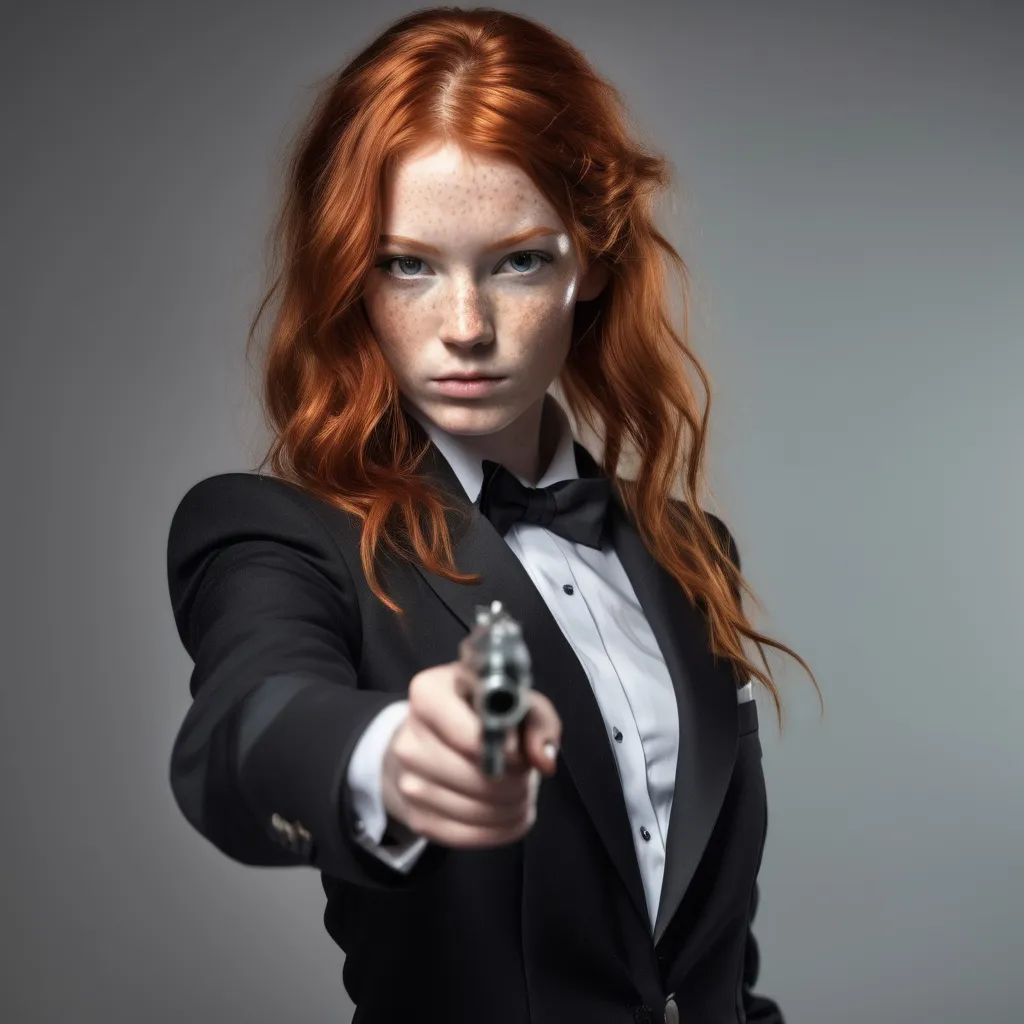 Prompt:  a slender young woman with wild red hair and lots of freckles all over her body. She is the new 007, wearing a tuxedo and aiming at pistol at the viewer.