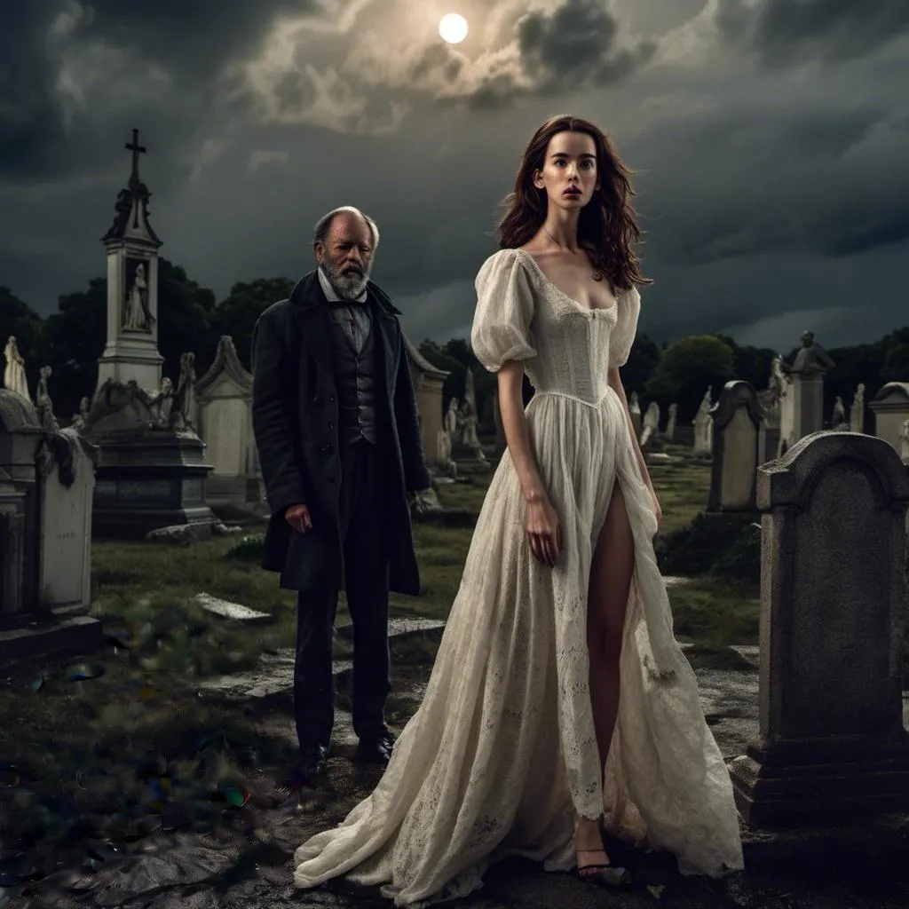 Prompt: <mymodel> young woman, in a high slit evening gown with a lace front and a collar, waltzes with werewolf in a churchyard under the full moon and storm clouds.