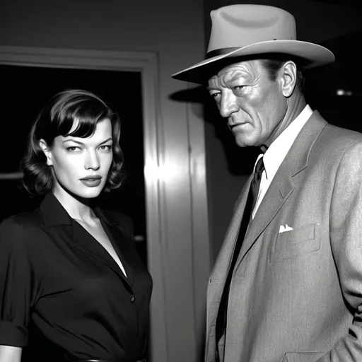 Prompt: milla jovovich and john wayne together film noir detective, darkened office