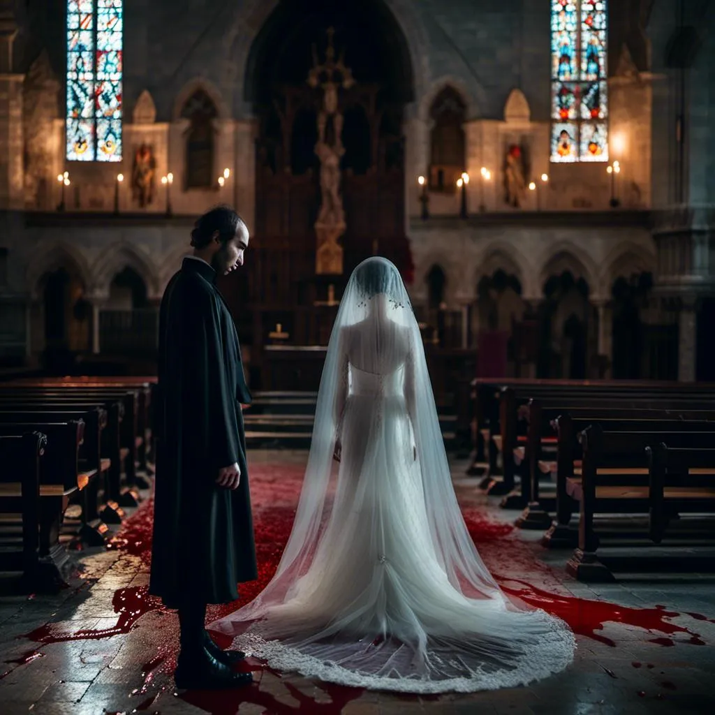 Prompt: <mymodel>woman in a veil and a  blood-spattered wedding gown stands in a darkened gothic church with a demonic priest. Dark and mysterious atmosphere.